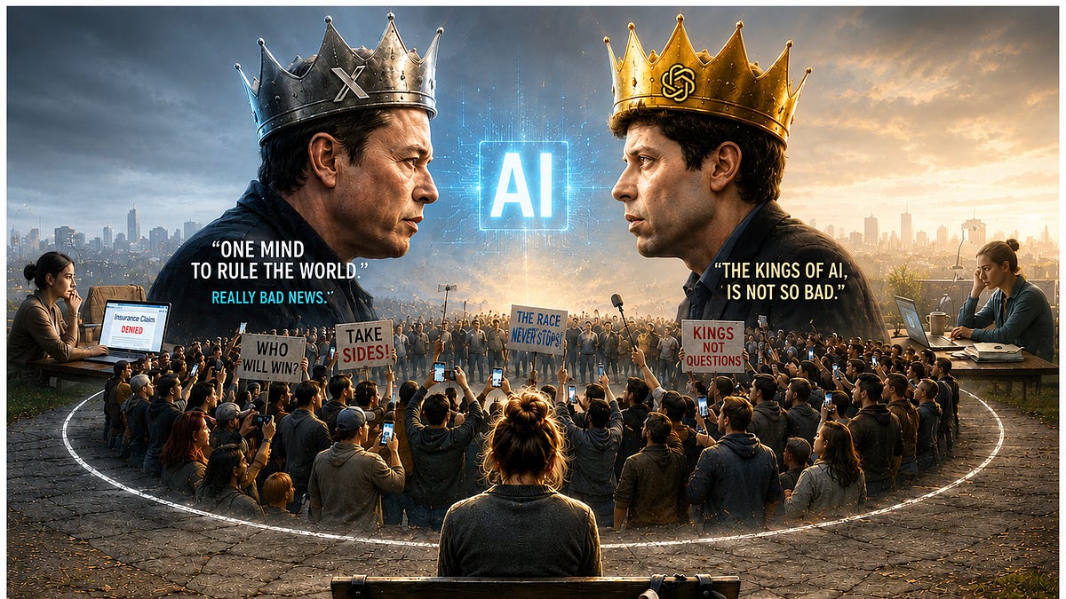 An illustrated public contest between two crowned AI industry leaders