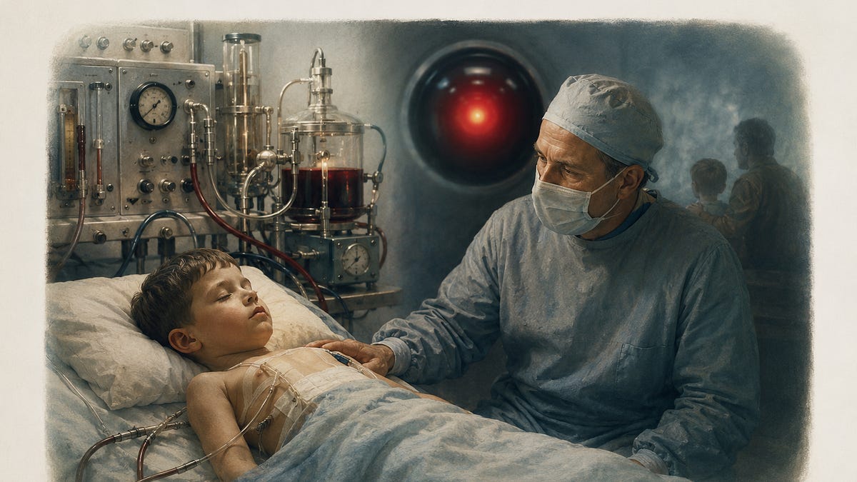 A child in an early heart-surgery setting, accompanied by a surgeon and a machine